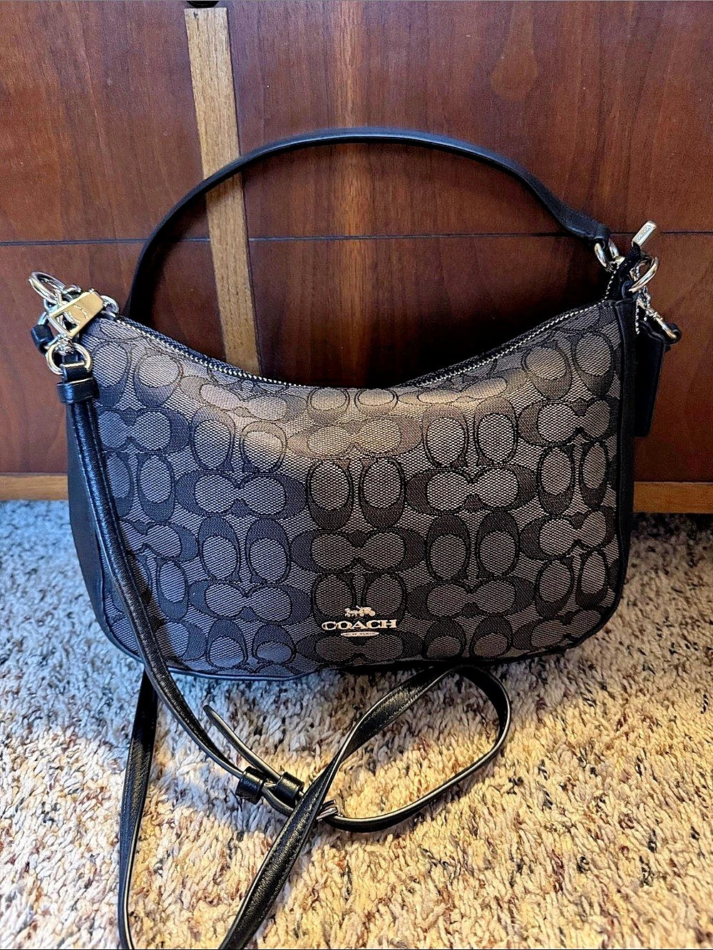 Coach Signature Duffle Hobo Crossbody Bag F15067 Black & Gray